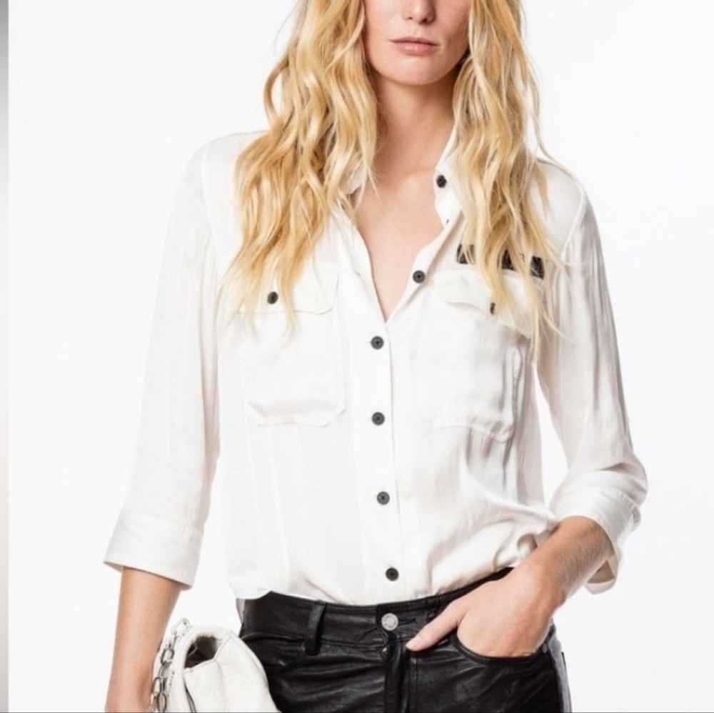 Zadig Voltaire Women's White Toast Satin Judo Button-Up Blouse Sz XS